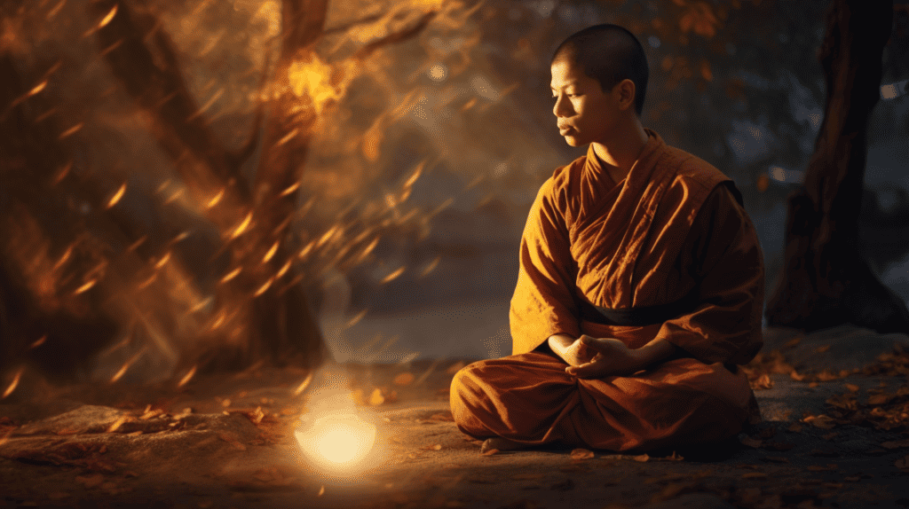 Buddhist Monk meditating around a fire.
