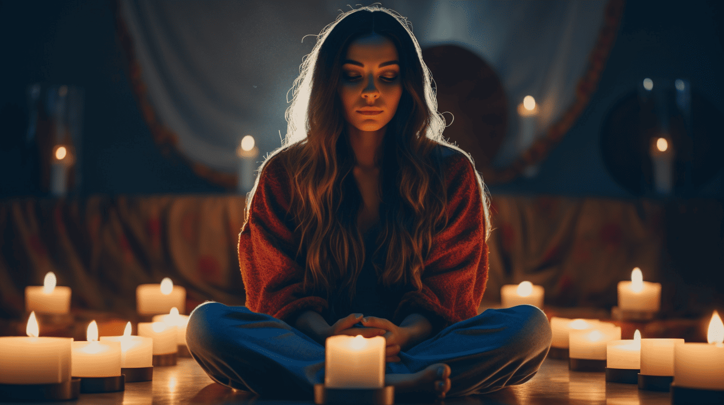 Woman practicing Candle Gazing (Trataka) in a dark room.
