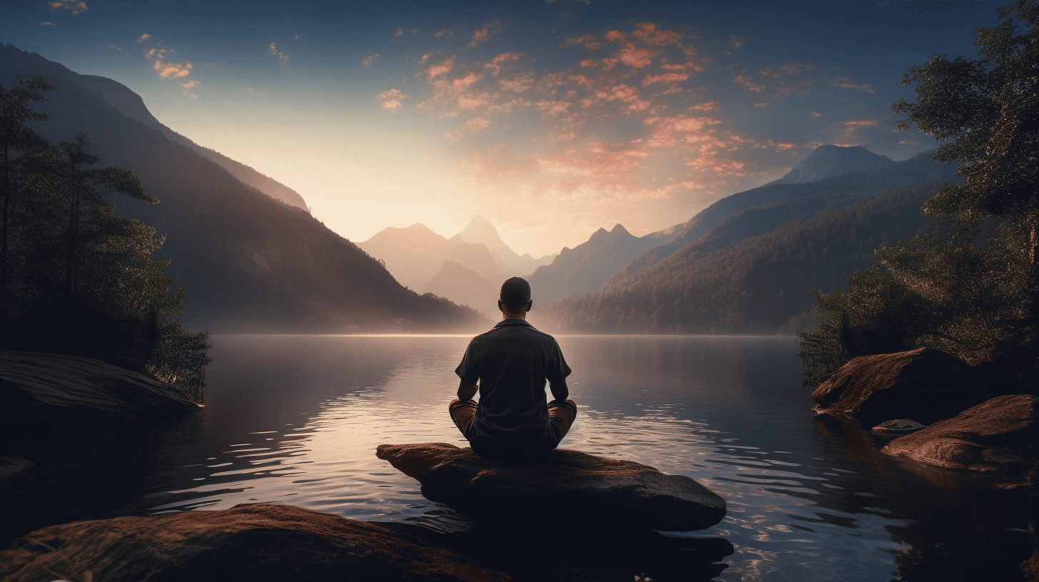 Person with ADHD meditating at a lake during sunrise
