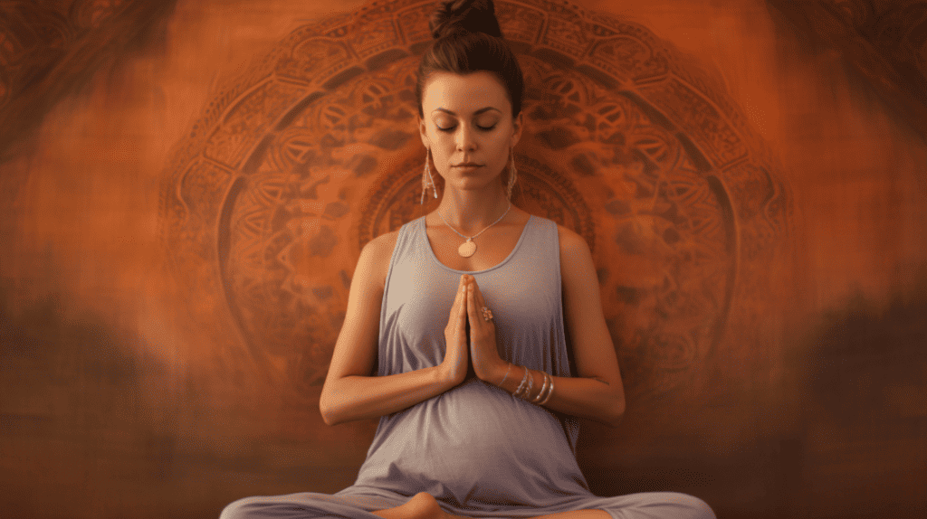 Woman connecting to the divine while 8 months pregnant through meditation.