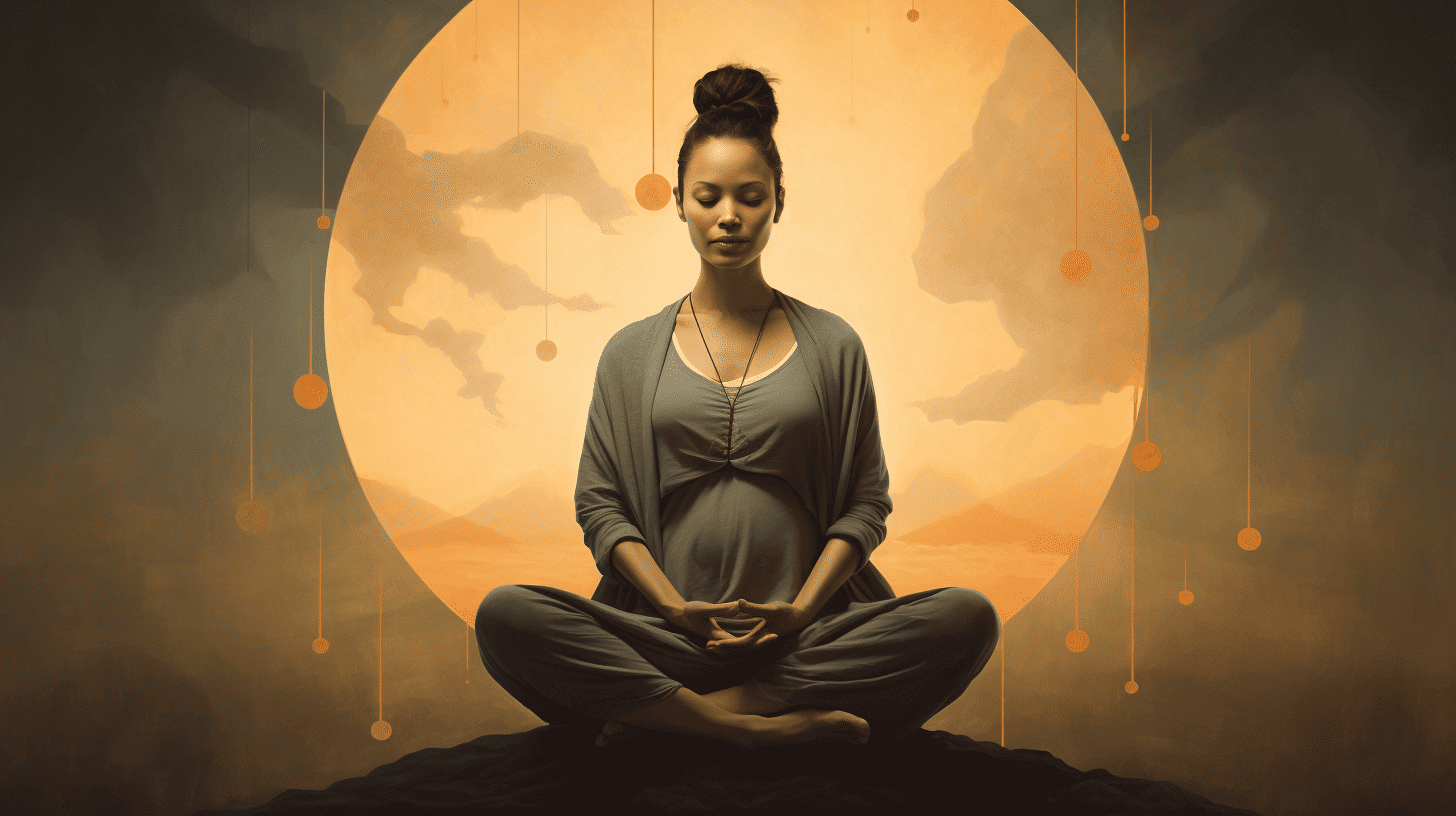 Meditation for moms. Pregnant woman meditating with the moon behind her.
