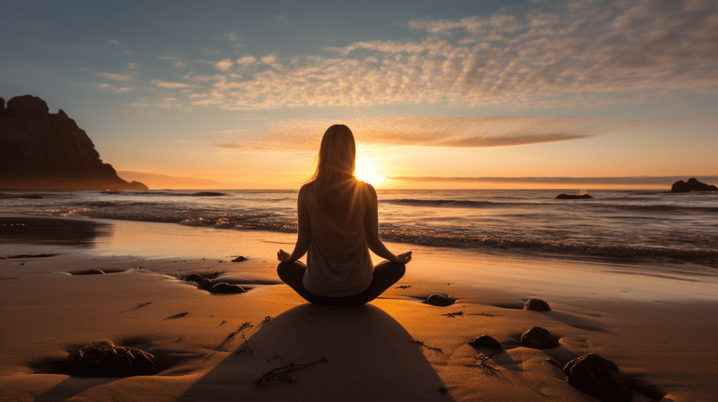 Woman meditating on beach to stop thought.