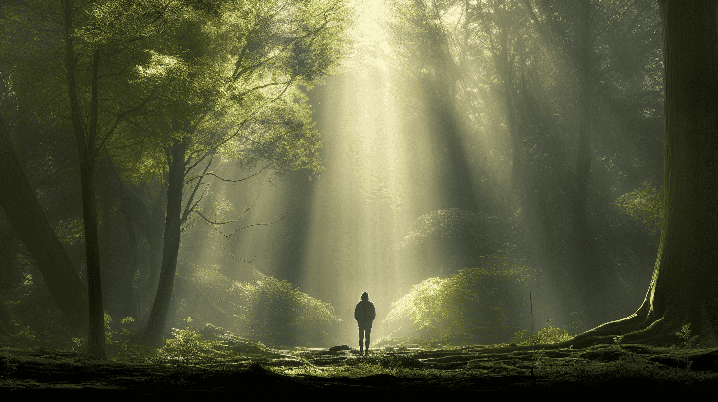 Can Meditation Give You Answers. Person walking in the forest with light rays coming down.