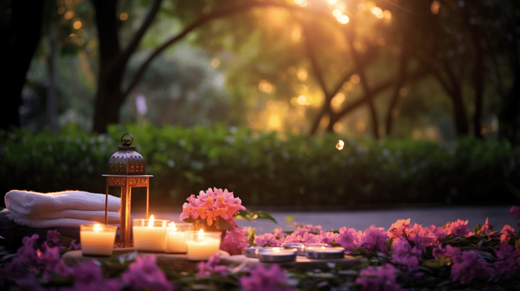 Beautiful meditation scene at sunset with flowers all around.