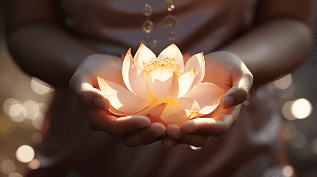 Meditation Practice to Enhance Healing. Person holding a glowing flower.