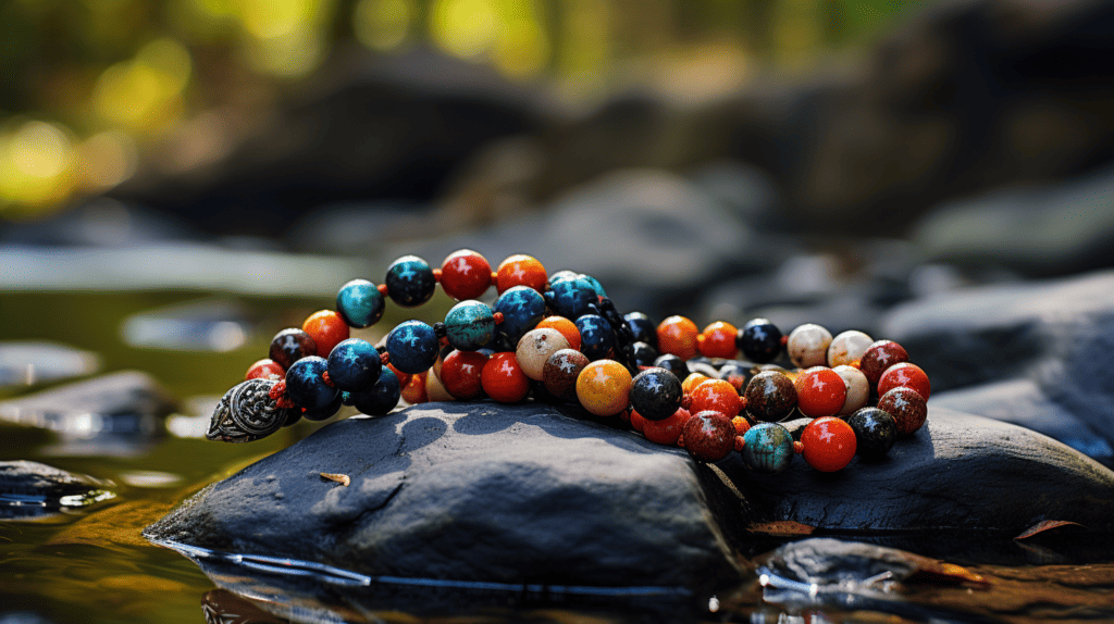 Mantras for Mala Beads.  Beads are laying on a river rock.