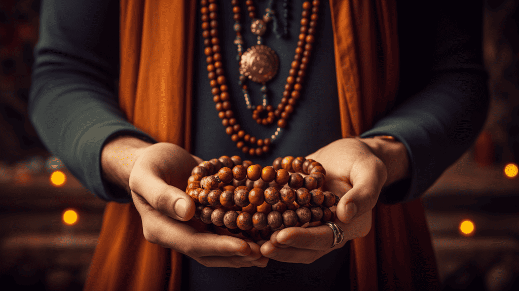 Person holding brown mala beads in their hands