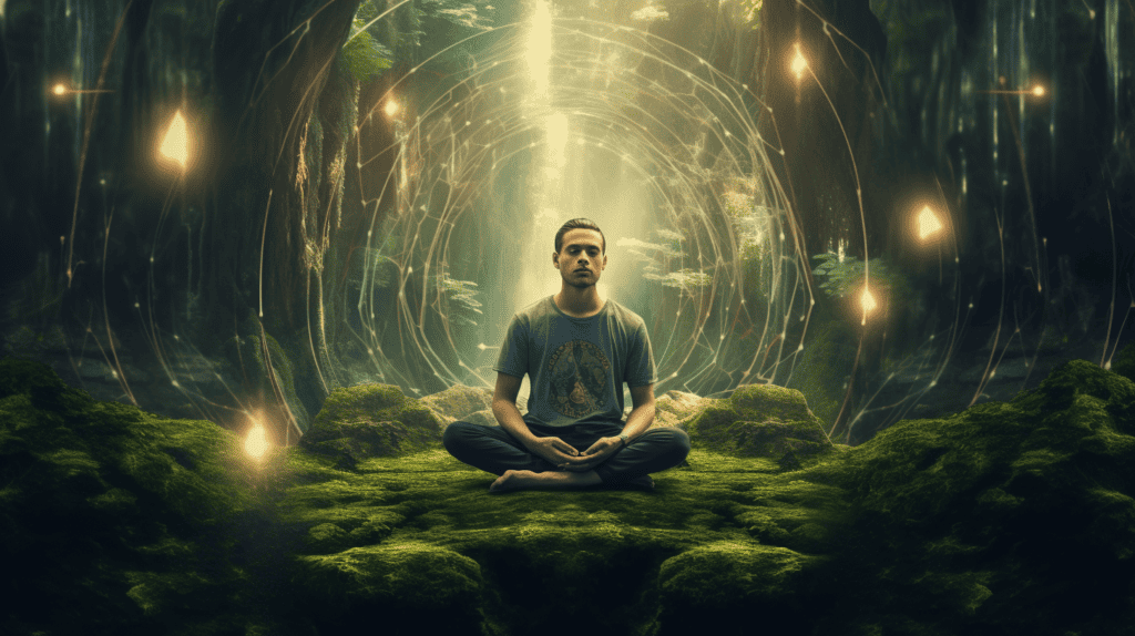 When Meditation Goes Wrong. Man meditating in the forest with energy waves around him.