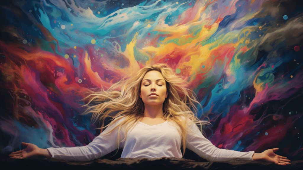 Woman laying on meditation bed aligning her energy.