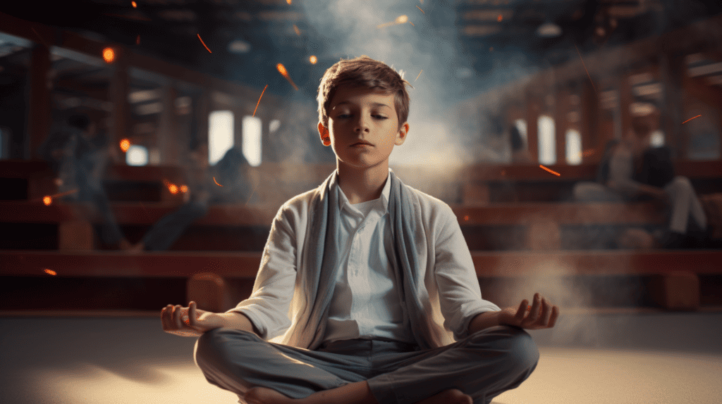 Simple Meditation Steps for Students. Boy meditating at school in an audatorium.