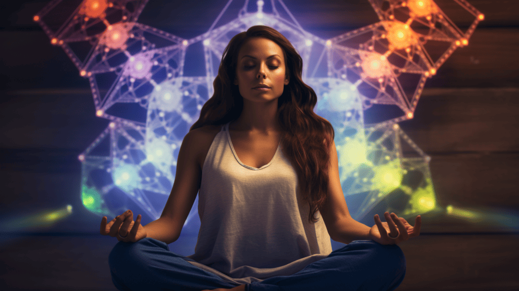 Woman with aligned chakras while meditating