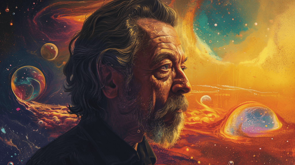 Meditative State, Alan Watts with the universe behind him.