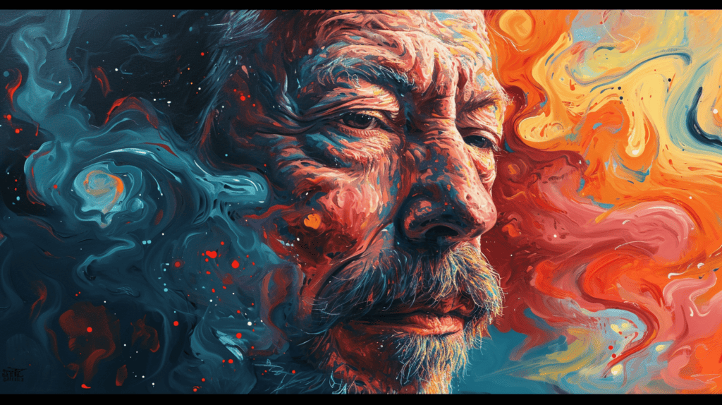 Alan Watts as an oil painting.