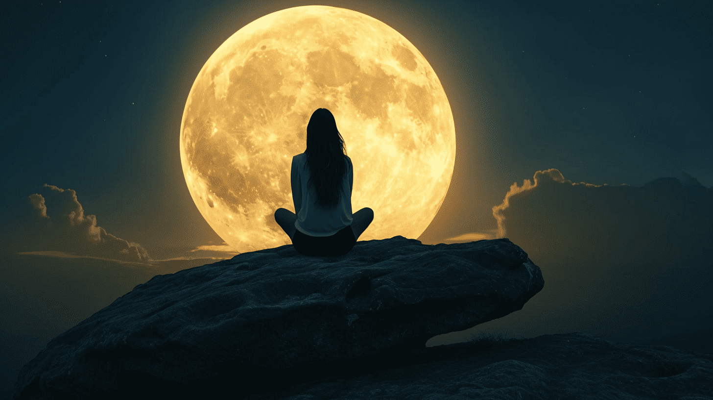Full Moon Guided Meditation. Woman sitting on large rock in front of the moon.