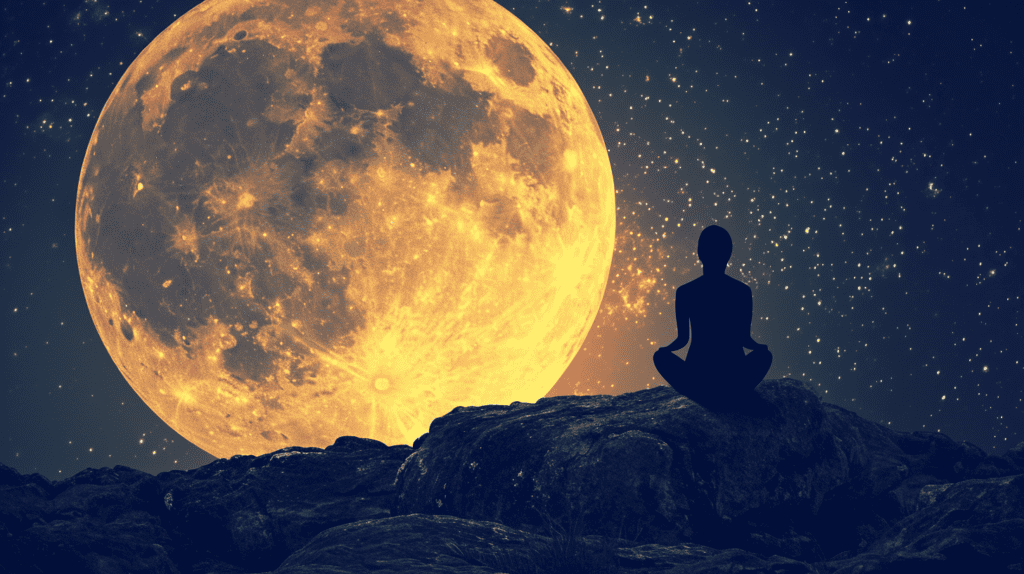 Connected to the Full Moon with meditation on a mountain at night.