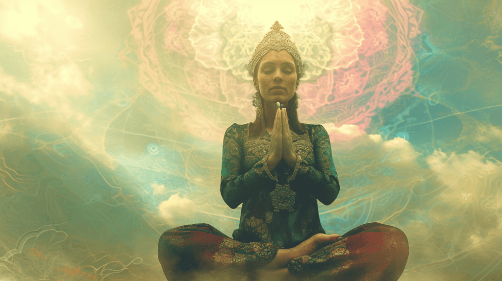 Woman practicing tantric meditation with energy all around her.
