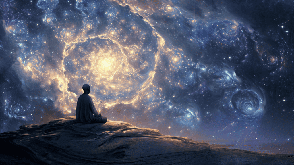 Person meditating under a galaxy in the sky.