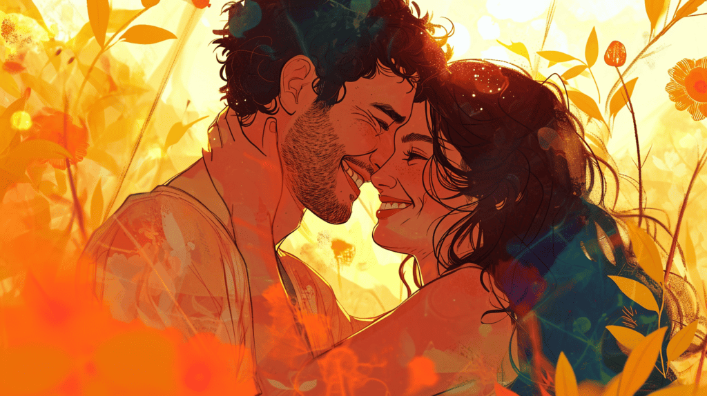 Sketch of a happy couple with warm colors.