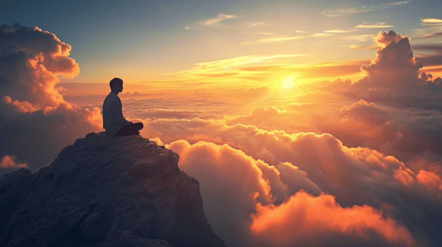 Good Day Spiritual Quotes. Man sitting on mountain top.