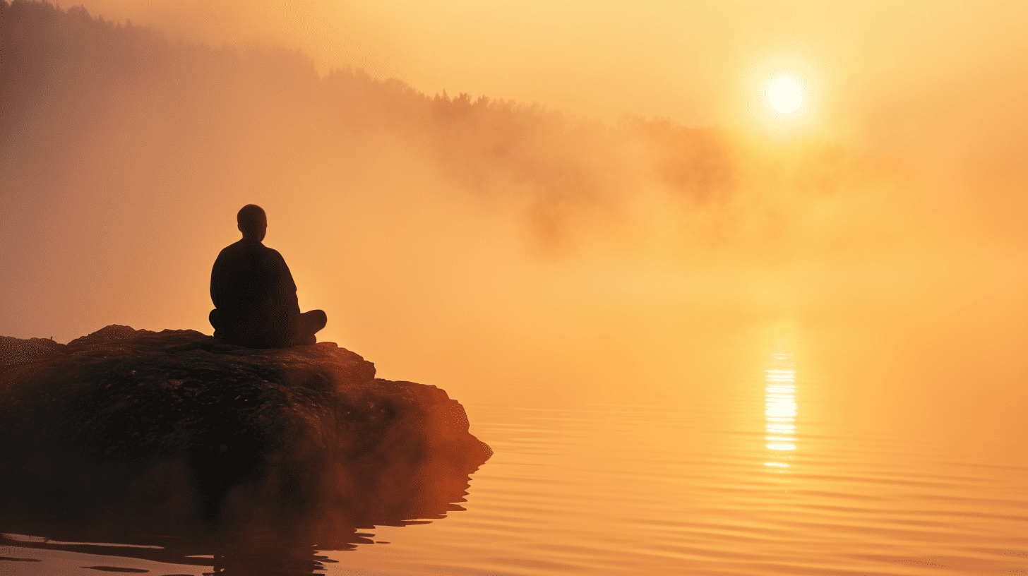 Good Morning Saturday Spiritual Quotes. Man meditating at the edge of a lake.