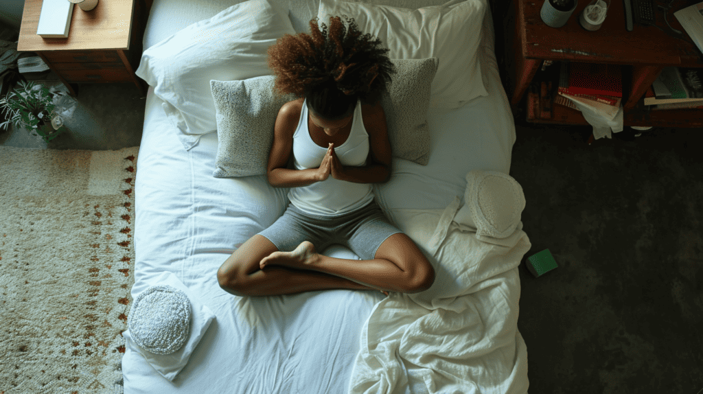 What Is Guided Meditation for Sleep? Woman laying in her bed meditating.