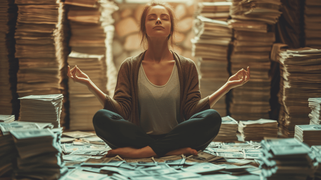 Woman meditating on the floor with lots of money around her.