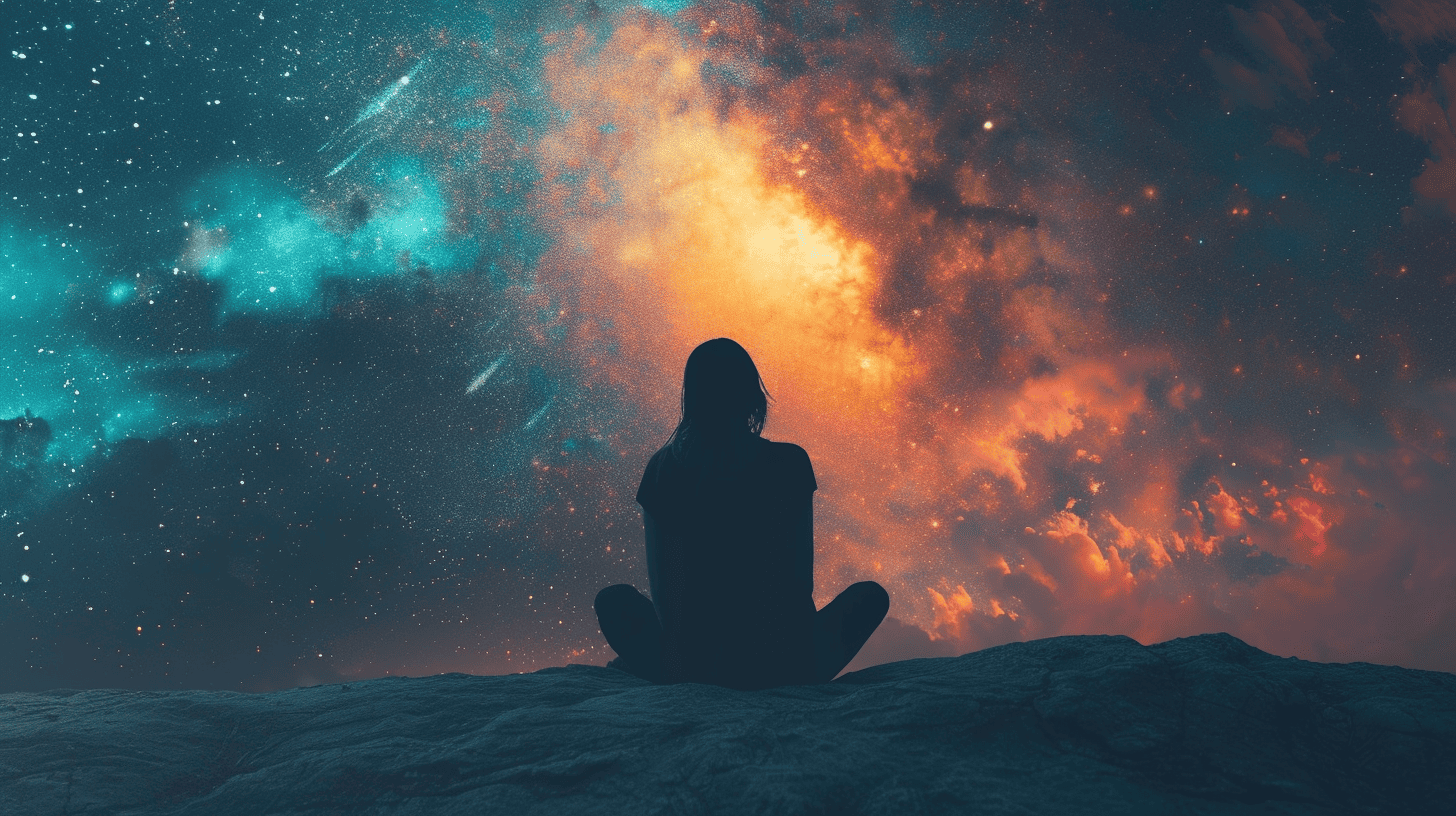 Spiritual Quotes For Instagram Bio. Woman meditating in front of the universe.