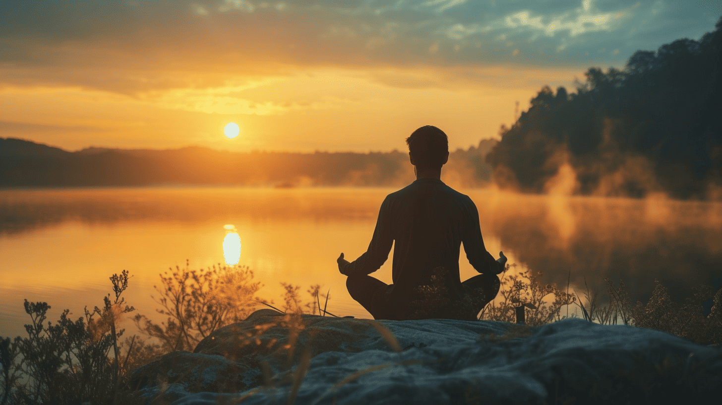 Spiritual Tuesday Quotes. Man sitting in meditation at a lake.