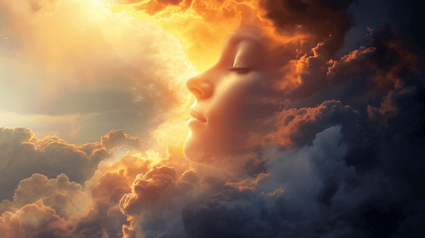 Happy Saturday Spiritual Quotes. Woman's face in the clouds.