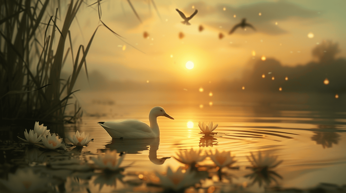 Happy Wednesday Spiritual Quotes. Bird swimming on a lake during sunrise.