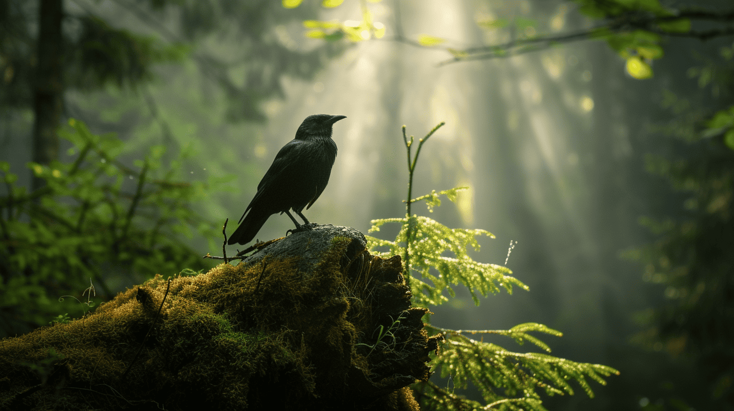 Nature Spiritual Quotes. Crow perched on rock in forest.