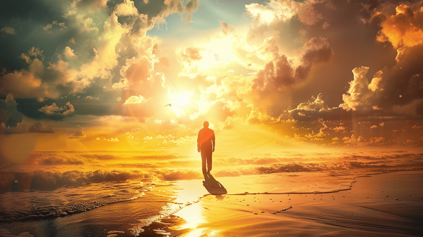 Spiritual Husband Quotes. Man walking on the beach during sunrise.