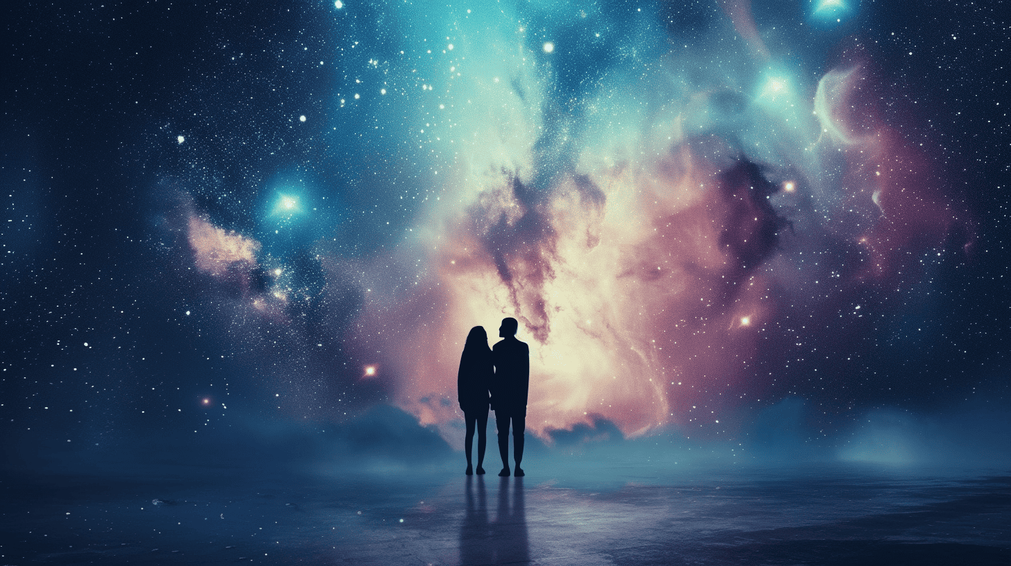 Spiritual Quotes For Relationships. Couple standing in front of a galaxy.