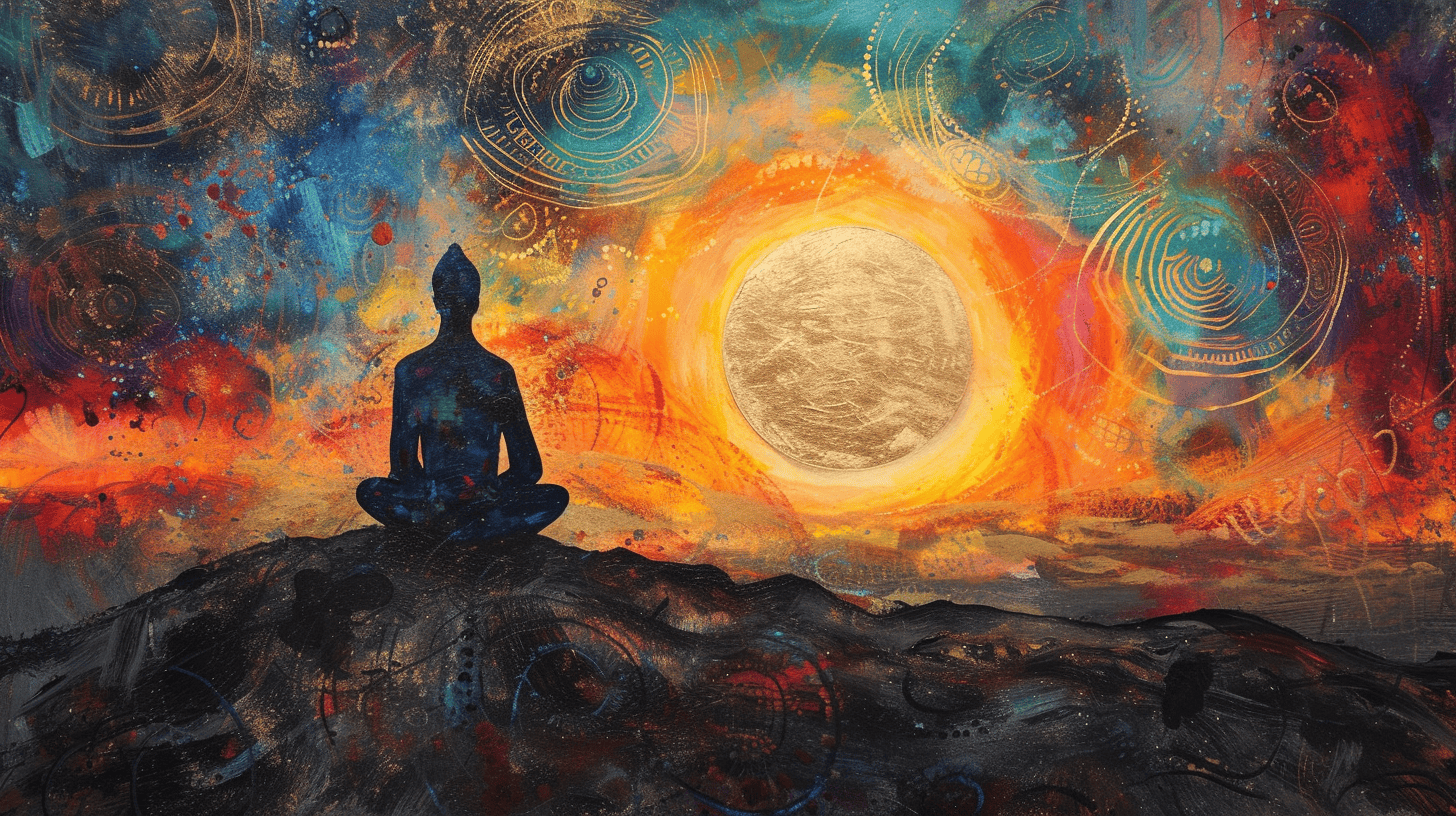 Spiritual Sobriety Quotes. Painting of person meditating at a sunset.