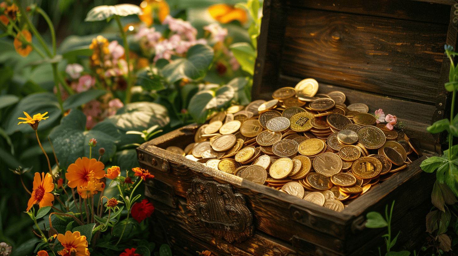 Ultimate Manifestation Journal Prompts. Treasure chest of gold coins