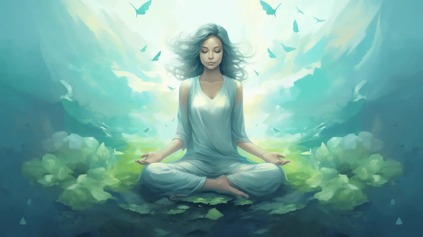 spiritual sync websites cover photo with a woman meditating and birds in the background.