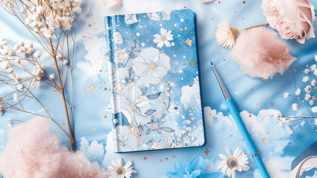 Beautiful blue mindfulness journal laying on a desk