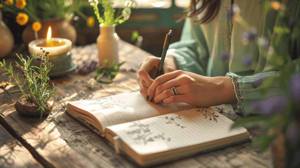 Woman writing in her kinetic belief journal.
