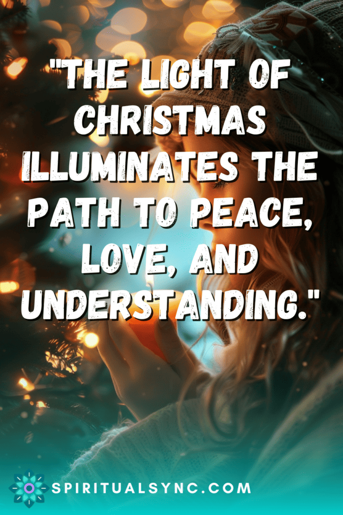 Woman praying around a christmas tree with a spiritual quote.