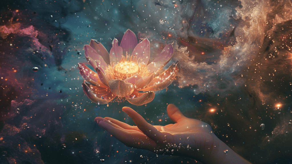Person with a floating lotus in their hand representing manifestation.