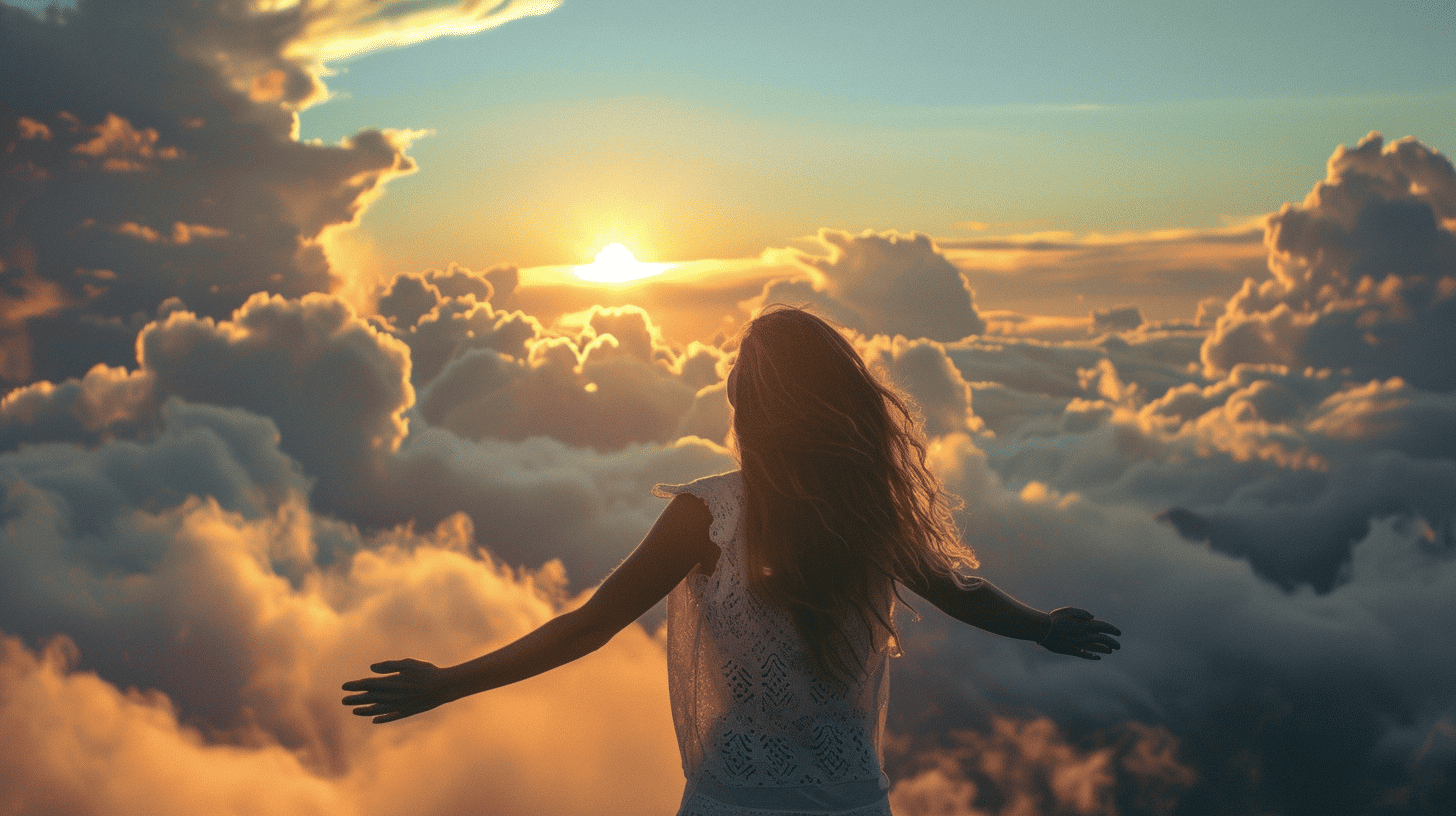 Spiritual Affirmations Quotes. Woman with arms spread in the air.