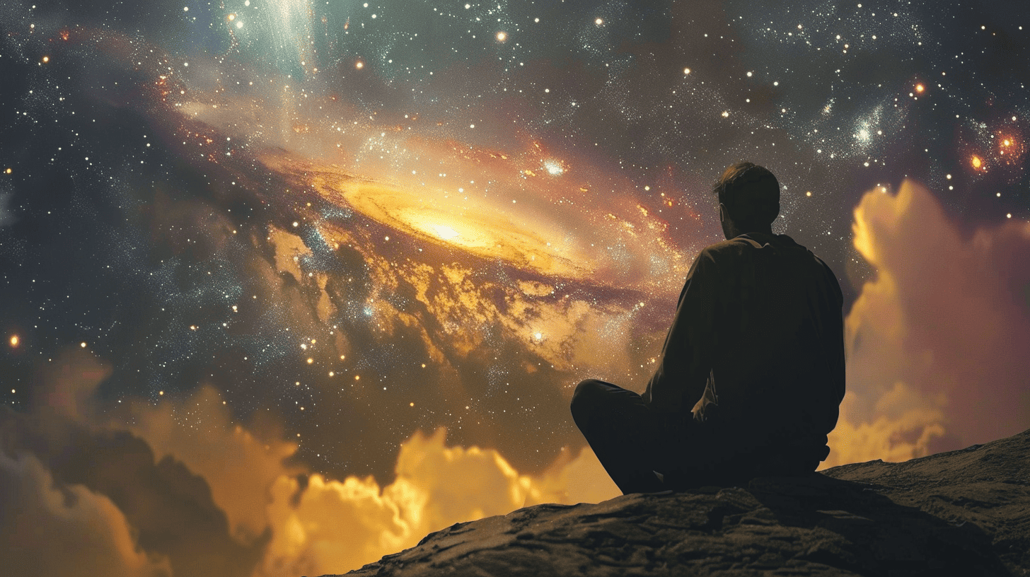 Spiritual Universe Quotes. Man sitting in front of the universe.