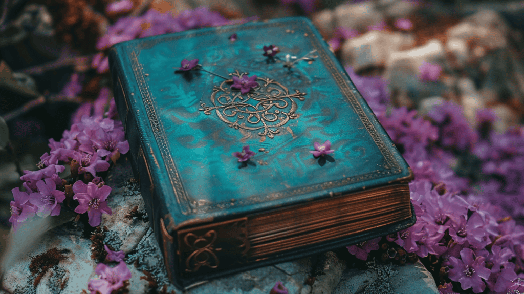 Beautifully decorated journal with purple flowers laying on top.