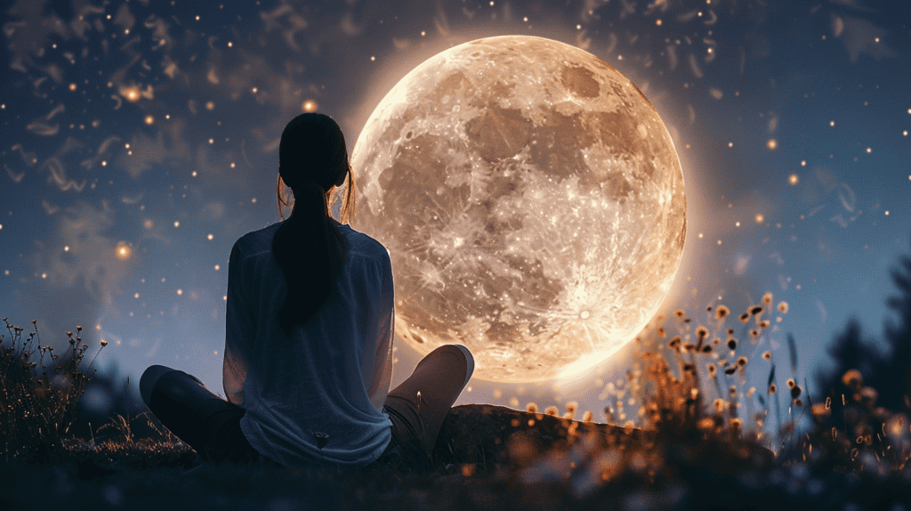 Woman sitting on a hill in front of a full moon.