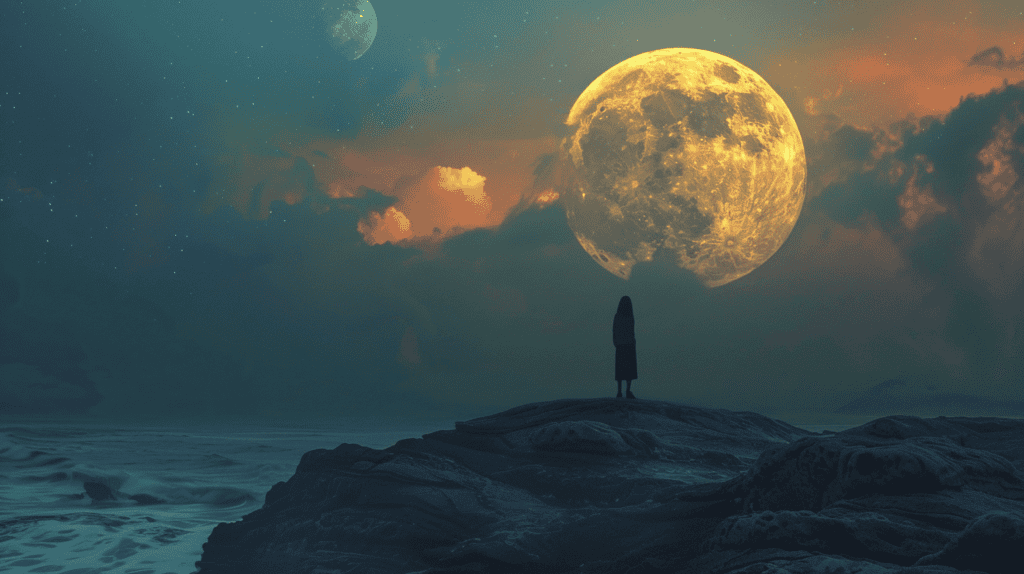 Woman meditating under a full moon.
