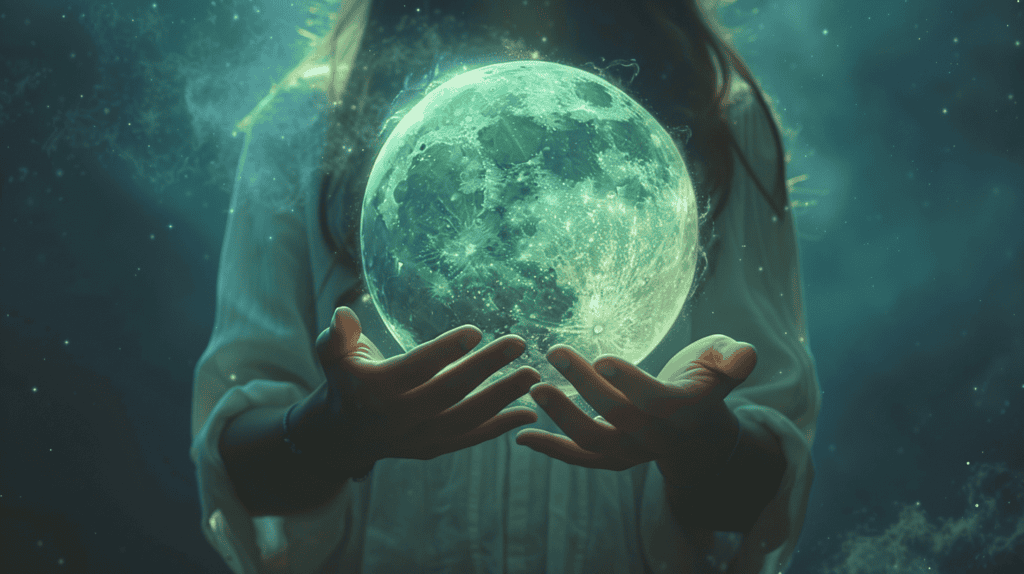 Woman with a floating moon above her hands.