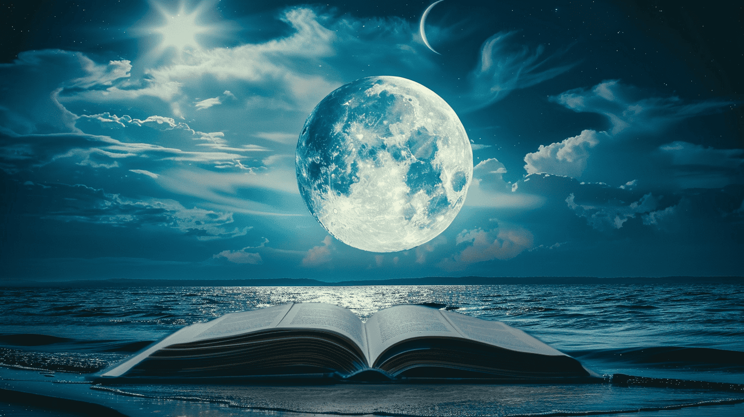 Moon Manifestation Journal laying by the ocean and a full moon.