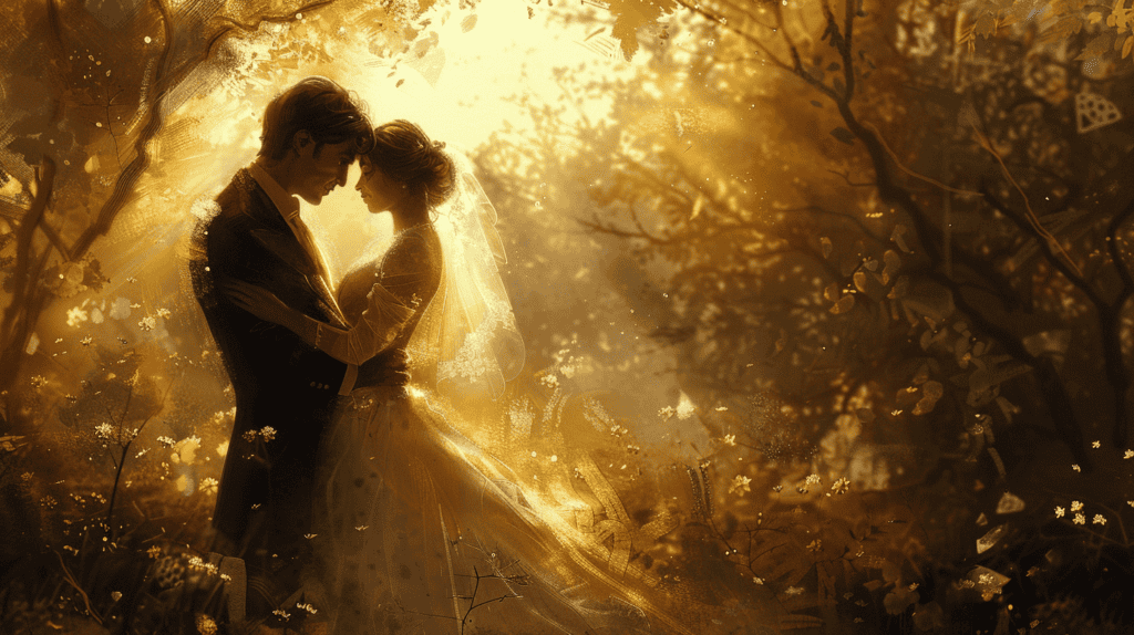 Couple holding each other under the sunlight in a forest.