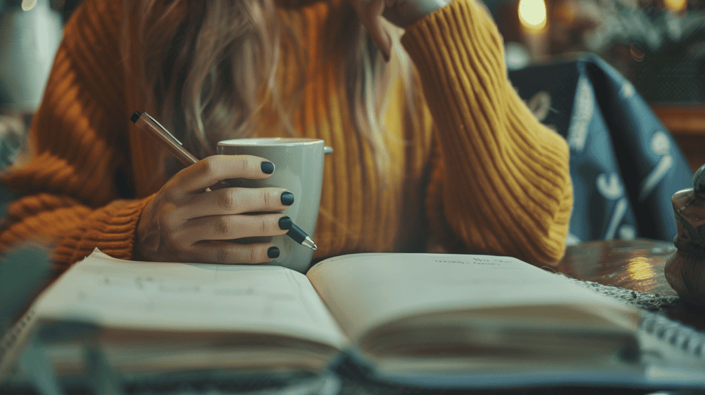 Woman with a cup of coffee and a manifestation journal in her hand.