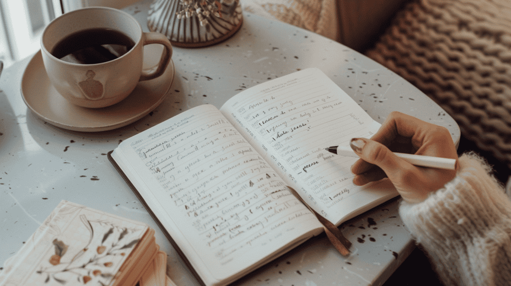 Person writing in a manifestation journal for artists.